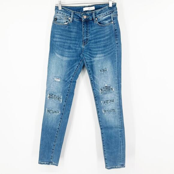 KanCan Mid-Rise Leopard Patch Skinny Jeans - Picture 1 of 8